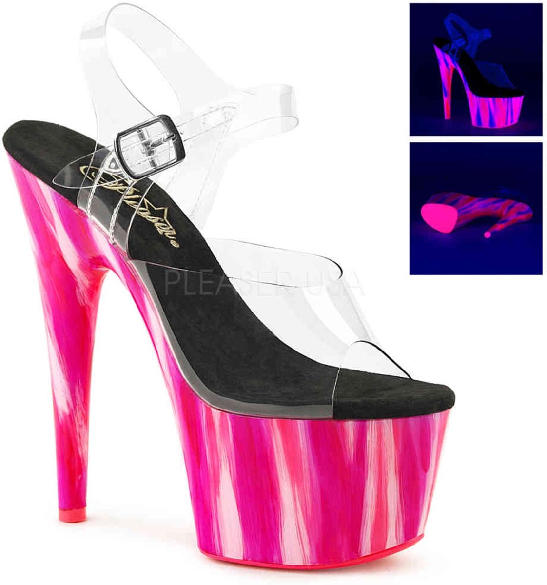 EU 35 = US 5 | ADORE-708UVP | *7 Heel, 2 3/4 UV Reactive PF Ankle Strap Sandal, Cnd Pnk